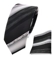 Schmale Tigertie Krawatte + Einstecktuch Schwarz Anthrazit Grau Silber Gestreift