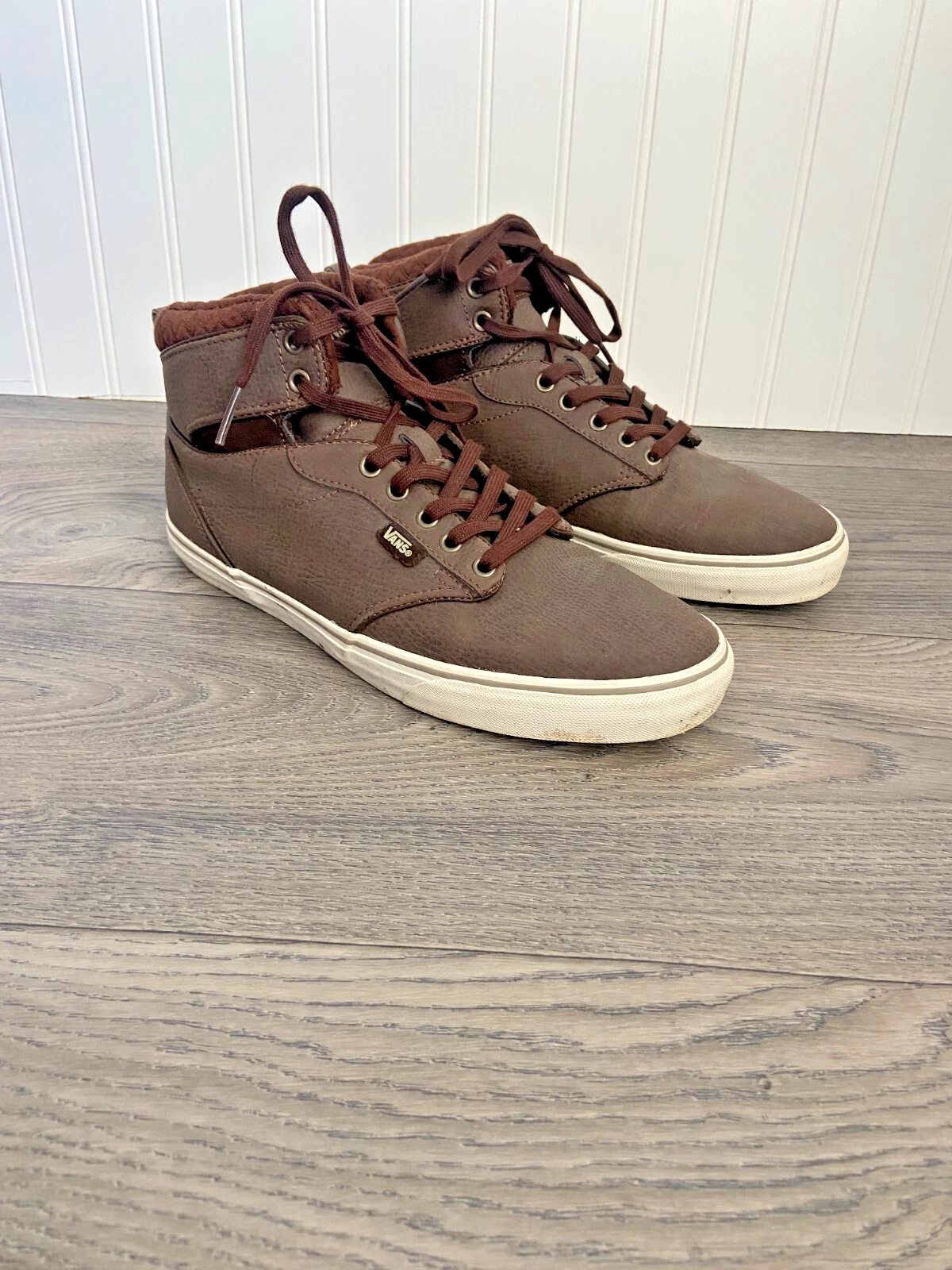 Vans Off the Wall Sneakers alte in flanella marrone con lacci in pelle taglia 11 (TB4R)