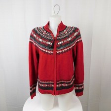 Vintage Tiara International Fair Isle Mock Neck Full-Zip Cardigan Red Medium