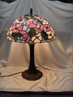 Vintage Table Lamp Tiffany Style Leaded Glass Pink & Blue Flowers 1970's NICE