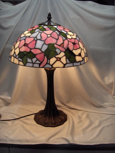 Vintage Table Lamp Tiffany Style Leaded Glass Pink & Blue Flowers 1970's NICE