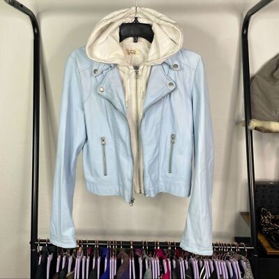 C est Fini Pastel Powder Blue Leather Moto Jacket