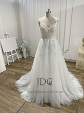 Beaded Chantilly lace Soft wedding dress bridal gown custom made 2-28W Buttons