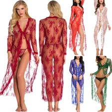 Sexy Women Lingerie Long Lace Dress Sheer Kimono See Through Robe Nightgown Set