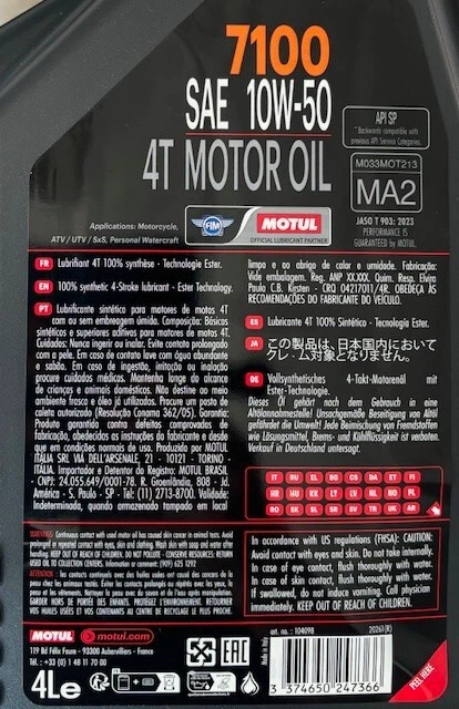 MOTUL Huile moteur 7100 10W50 moto sport route cross enduro 100% synthèse 4L - Photo 2/2