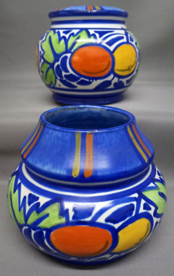 2x   T F & S 1930's Phoenix Ware Oranges and Lemons Squat Vases - Mint
