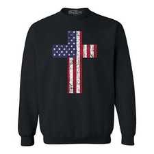 Distressed American Flag Cross Crewnecks 4th of July Sweatshirts