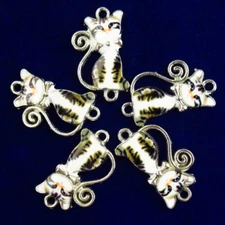 12Pcs White Enamel Tibetan Silver Cat Pendant Bead 