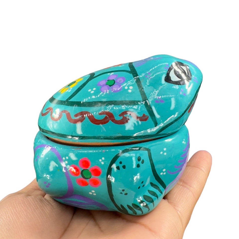 Hand Painted Mexican Pottery Ceramic Trinket Dish With Lid Jewelry