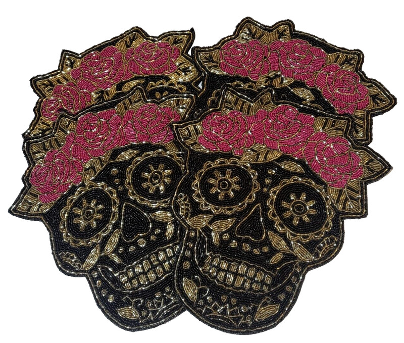 Set 4 Tahari Home Black & Red Day of the Dead Sugar Skull 15" Beaded Placemats