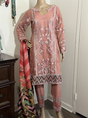pink chiffon dress pakistani Maryum And Maria 3 Piece Embroirdered Chiffon Kirana | Fs50094-1400