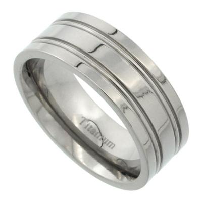 8mm Titanium Flat Wedding Band Ring w/ 2 Grooves, Polished Finish Comfort Fit