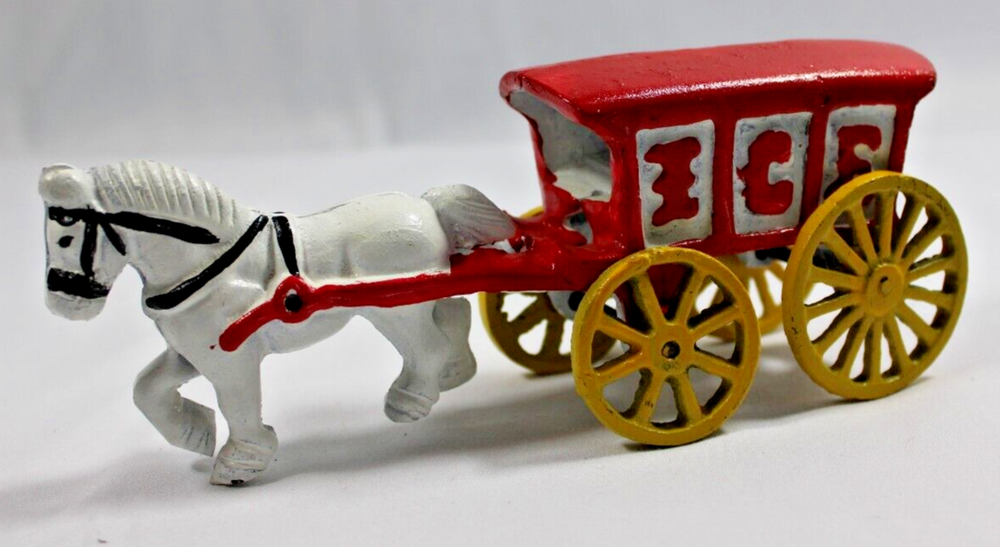 Almost Antique Cast Iron Red Ice Wagon White Horse Drawn Cart Carriage Toy 1930s