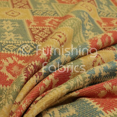 Feuerbehandelter Kelim Patchwork Chenille gelb grün orange blau Polsterstoff