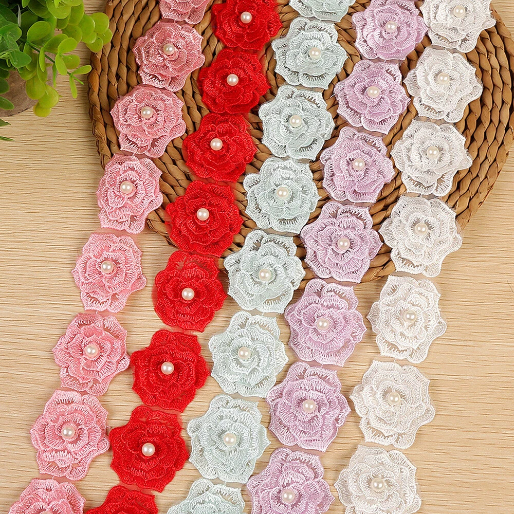 1 Yard Rose Flower Embroidered Trim Lace Ribbon Fabric DIY Wedding Dress Sewing