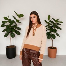 Veronica Beard Toraja Knit Sweater Brown Tan Mock Neck Button Detail Women's XS