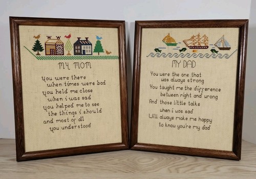 Vintage Cross Stitch Mom & Dad Poems Framed Set Of 2