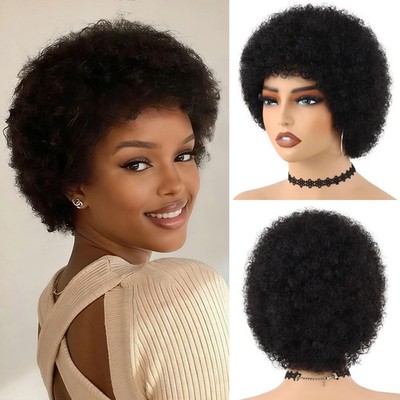 Glueless Wear and Go Wig Short Afro Curly Human Hair Wigs for Black Women Kin...