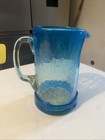 grand carafe pichet bleu verre  soufflé et craquelé 70 vintage créateur  verrier