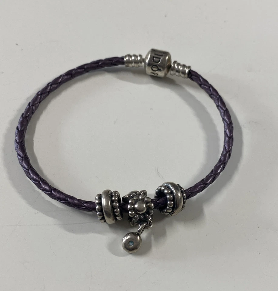 Pandora Braided Purple Leather Bracelet With Charms - Image 2 of 2