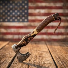Viking Axe Hand Forged Carbon Steel Bearded Tomahawk Ash Wood w/ Leather Sheath