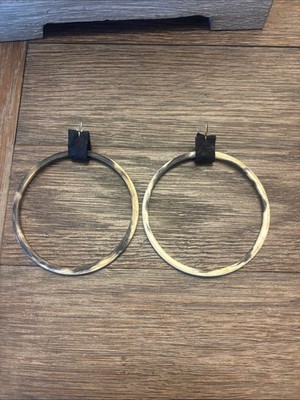 Black and Silver Hoop Earrings with Leather Accent