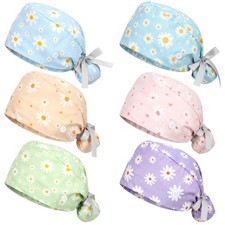 6 PCS Daisy Scrub Caps Womens Nursing Bouffant Hats Buttons Adjustable Ponytail