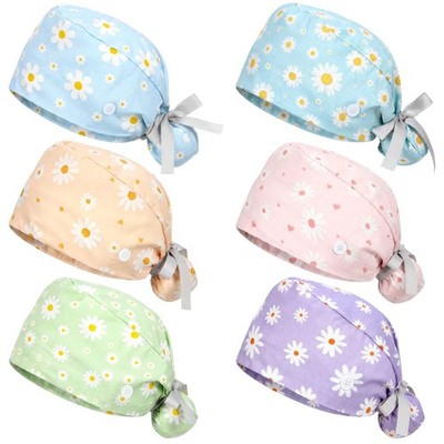 6 PCS Daisy Scrub Caps Womens Nursing Bouffant Hats Buttons Adjustable Ponytail