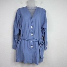 Zara Romper Womens M Blue Linen Blend Long Sleeve Button Coastal Boho Minimalist
