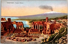 Taormina Greek Theatre Postcard Mount Etna Sicily G Atanasio 1920s