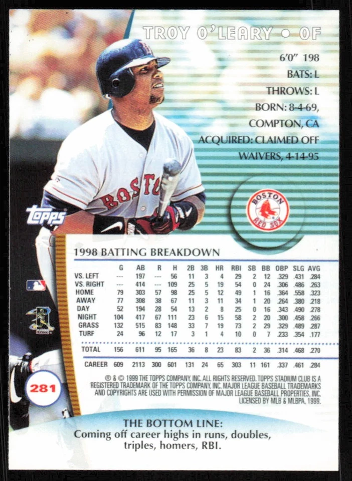 1999 Stadium Club #281 Troy O'Leary - FREE SHIPPING - Image 2 of 2