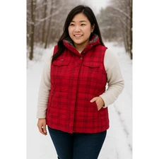 Columbia Red Plaid Down Vest Women’s L Faux Fur Collar Gorpcore Cozy Pocket Flaw