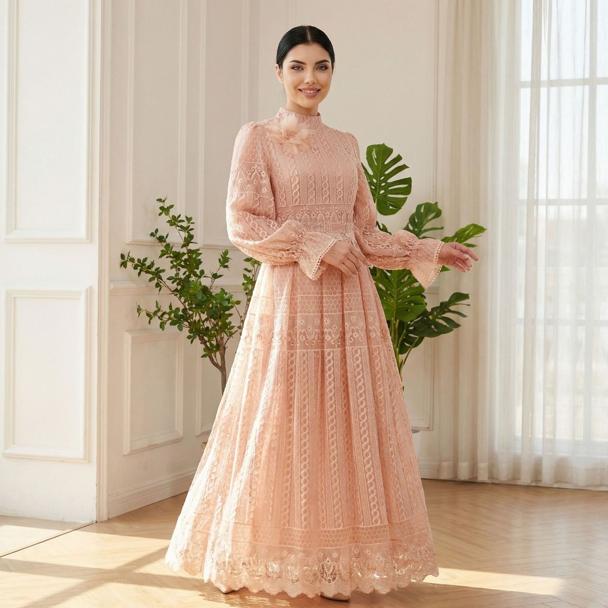 Long Sleeve Maxi Dress Embroidery Abaya Muslim Women Kaftan Modest Evening Gown