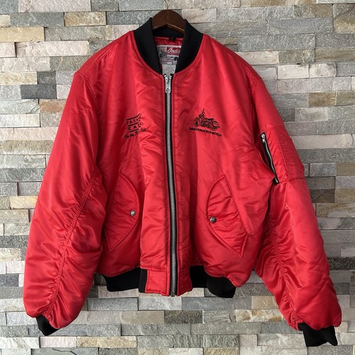 VINTAGE INDIAN MOTORCYCLES SATIN BOMBER JACKET - 80S BIKER JACKET - Red GRUNGE
