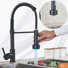 Matte Black Spring LED Kitchen Faucet Pull Down Sprayer Single Hole Mixer Tap