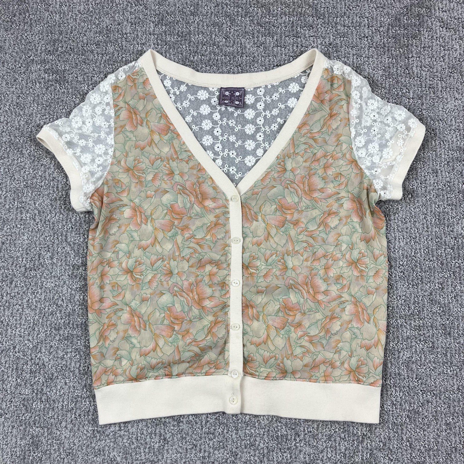 Free People Cardigan Sweater Womens M White Lace Floral Sheer Boho Cottagecore