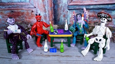 Alebrijes Set Party Angel Devil Priest Skeleton Mezcal Handmade Mexican Folk Art
