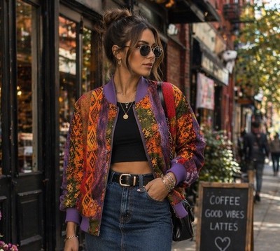 Carol Horn Workshop Women s Silk Tribal Print Quilt Bomber Jacket Med VTG 80 s