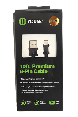 U Youse 10 FT. Premium 8-pin Cable High Quality Black Cable & Charge Fast- New