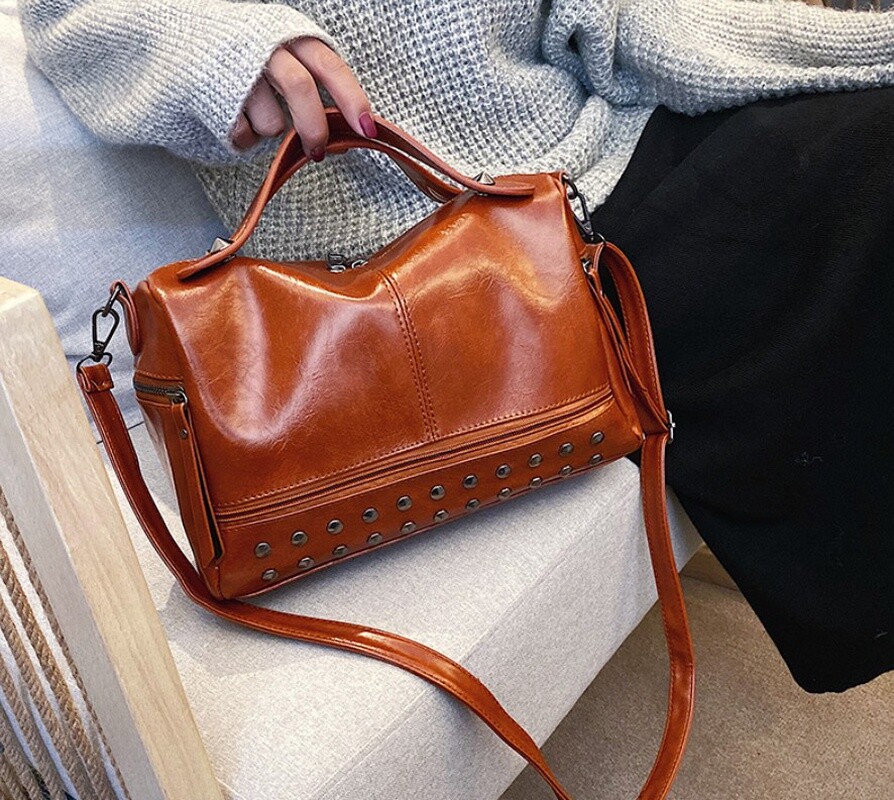 Leather Multifunctional Handbag in Brown or Red Brown  -image