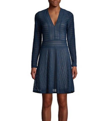 BCBGMAXAZRIA Dress Woman M Midnight Blue V Neck Long Sleeves Textured Lined