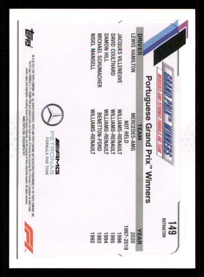 2021 Topps Chrome Formula 1 Refractors #149 Lewis Hamilton/Grand Prix Winners - Image 2 of 2