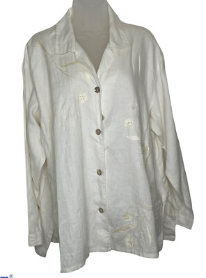 David Dart Womens Linen Tunic Top Medium Ivory Button Down Embroidered Lagenlook