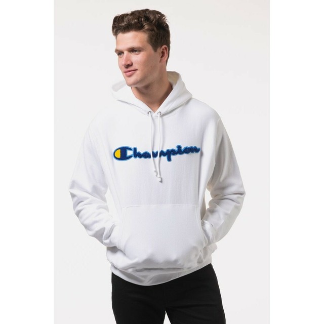 champion reverse weave chenille logo white hoodie
