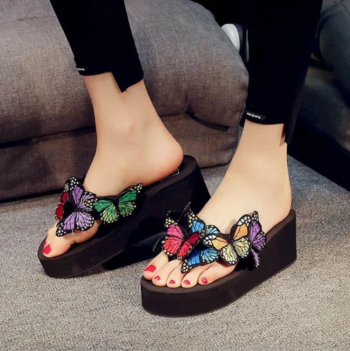 Ladies Butterflies Wedge Flip Flops Thong Sandals Platform Slipper Casual Shoes - Picture 2 of 18