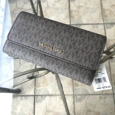 Michael Kors Brown MK Signature Wallet Trifold Credit Card Holder id Clutch Flat