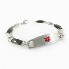 Stainless Steel Medical ID Bracelet Custom Engraved Black  Silver Chain 8.5in