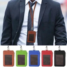 ID Badge Card Holder PU Leather Vertical Clip Neck Strap Lanyard Necklace Case