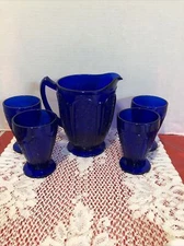 Vintage Cobalt Blue Cherry Blossom Water Set Pitcher & 4 Tumblers