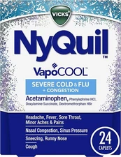 NyQuil Severe Cold Flu Congestion Vicks Vapocool Nighttime  24 Caplet(Pack Of 4)